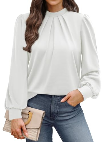 WIHOLL Blouses for Women Long Sleeve Tops Mock Neck Pleated Shirts Ladies Tops Business Loose Fit Size 6-8 White