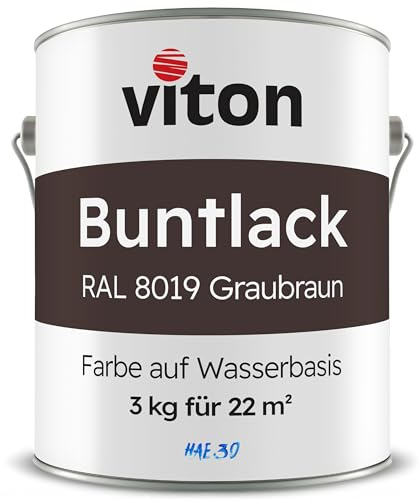 Viton Buntlack 3 Kg Dunkelbraun - Seidenmatt - Wetterfest für Außen und Innen - 3in1 Grundierung & Lack - HAE 30 - Farbe auf Wasserbasis für Holz, Metall & Fliesen - Graubraun RAL 8019