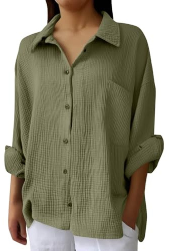 Damen Sommer Blusen & Tuniken für Damen Bluse Bügelfrei Leinenbluse Regular Fit Oberhemden Fruen Stretch Freizeithemden Businesshemd Anzug Hemd M A Bronze