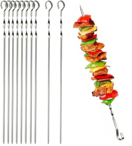 10 Pcs Metal Kebab Skewers for Grilling,Stainless Steel BBQ Grilling Skewers,Reusable Stainless Steel Sticks,Dishwasher Safe Grill Tools,for Outdoor BBQ, Family Party
