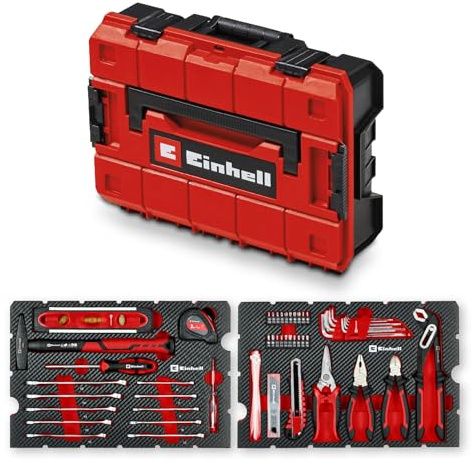 Original Einhell E-Case coffret à outils 79 pièces déménagement (marteau de mécanicien, pinces, accessoires d’embouts, cutter à lame sécable, mètre ruban, niveau à bulle, clés mixtes, coffret système)