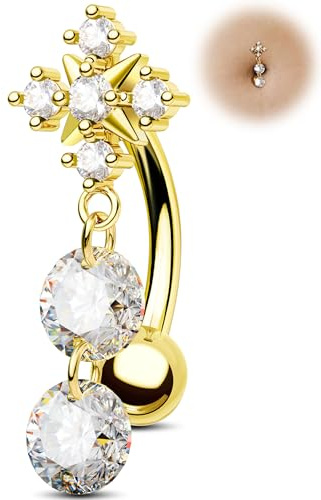 Jewseen Flower Dangle Belly Button Ring, 14G Gold Reverse Belly Button Piercing for Women, Surgical Steel Navel Piercing Jewelry Floating Navel Ring Hypoallergenic