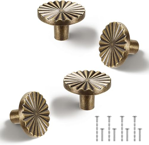 4 Pack Antique Brass Cabinet Knobs – Brass Cupboard Handles for Drawers & Wardrobes, Brass Door Knob Set for Kitchen Cabinets, Dresser, Wardrobe Doors, Vintage Drawer Knobs Zinc Alloy Handles