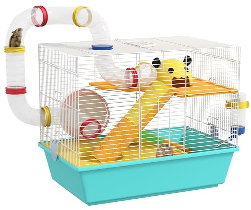 PawHut Gabbia per Criceti con Ruota, Casetta, Ciotola, Rampe e Serbatoio Acqua, Gabbia per Gerbilli in Acciaio, PS e PP, 45x28x37 cm, Bianco e Azzurro