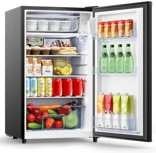 KOMORE Small Fridge, 106L Mini Fridge With Chiller Box, LED Light, Black | Adjustable Thermostat & Foot, Removable Shelves & Drawer, 40dB Low Noise, Undercounter Fridge for Bedroom, Home, Office