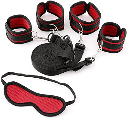 Bondage-Set Bett Fesseln Sex-Spielzeug für Paare I Extrem stabiles BDSM Fesselset mit Bettfesseln, Handschellen, Augenbinde Rot