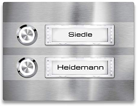 Metzler Türklingel - 2-fach Klingelplatte aus Edelstahl - Namensschild austauschbar - mit LED-Taster und Beleuchtung (optional) (Namensschild mit Beleuchtung, LED-Taster Weiß)