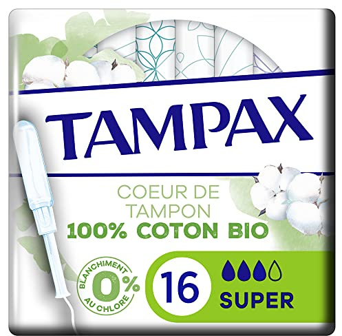 Tampax Cotton Protection, Super, 16 Tampons Avec Applicateur en Plastique Végétal, Flux Moyens à Abondants, Coeur de Tampon En Coton Biologique