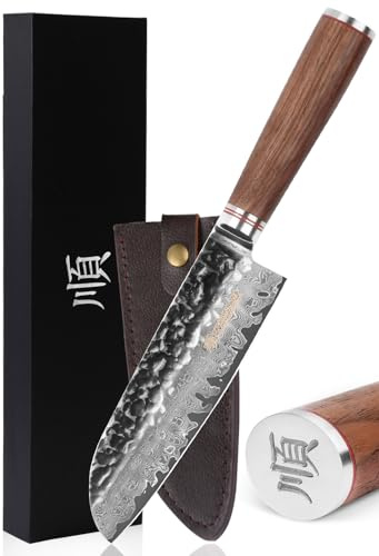YOUSUNLONG Couteau Santoku 180mm - VG10 Couteau de Chef Japonais en acier Damas martelé - Couteaux asiatiques tranchants comme des rasoirs - Manche en bois de noyer naturel avec étui en cuir