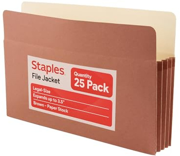 Staples Reinforced Expanding File Pockets, Legal Size, 3.5‑Inch Expansion, Heavy‑Duty Brown Accordion Folders – 25/Pack