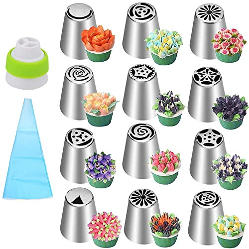 TONAUP Juego de bujes rusos,crema,galletas Herramientas para hornear Bolsas de manga de silicona reutilizables,12 bocas de decoración de acero inoxidable,Suministros de pastelería profesional