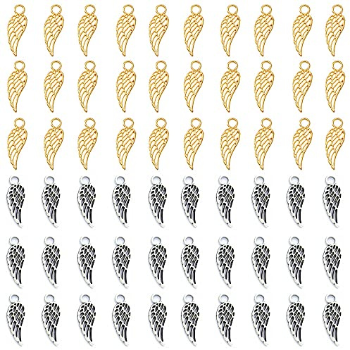 CellCase 100pcs 3/4 inch Angel Wings Feather Pendant Charm for DIY Jewelry Making Supplies (Gold & Antique Silver)