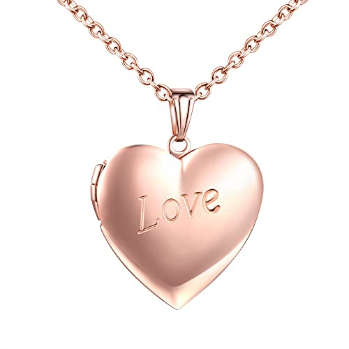 MicVivien Herz Medaillon zum Öffnen personalisierte Photo Bilder Herz Anhänger Halskette Einfach/Love/doppeltes Herz Muster Herzanhänger Amulett Halskette mit 50cm Kette für Herren Damen Roségold