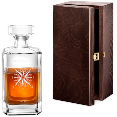 Maverton Carafe à Whisky gravée, 700ml Décanteur en verre | Cadeau personnalisé pour les femmes, Carafe classique pour elle, Boussole