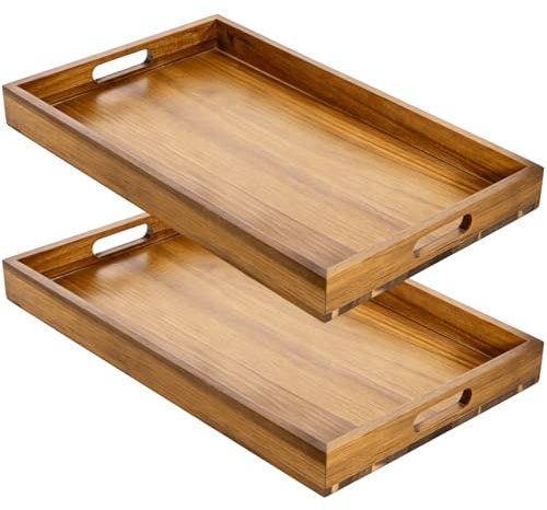 YOUEON 2 Pack 17 x 12 Inch Acacia Wood Serving Tray with Handles, Large Wooden Tray for Ottoman, Breakfast in Bed, Dinner, Coffee Table, Perfect for Living Room, Bedroom & Kitchen