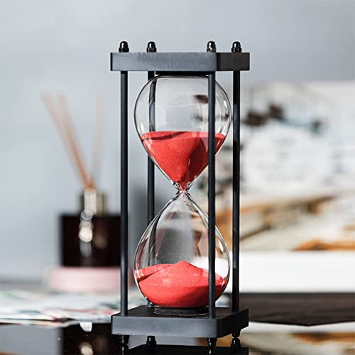 Large Hourglass Timer 60 Minutes, Decorative Black Frame Sandglass with Red Sand