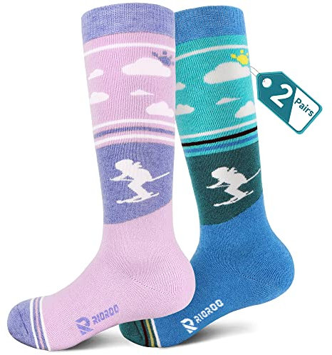 RIOROO 2 Paar Merinowolle Unisex Skisocken Kinder, Skisocken Kinder Dicke VerstäRkte SkistrüMpfe für Jungen Mädchen Thermo Wintersocken Warm Und Atmungsaktiv mit Anti-Rutsch-Bündchen Wade Design