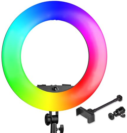 Walimex pro LED Rainbow Ringleuchte, RGB Ringlicht mit 60 W, Regenbogen LED per App steuerbar, Videoleuchte mit Smartphonehalter, Ring Light mit Effekten und Bi-Color