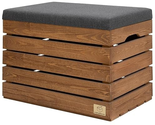 Pol drew POLWOOD 2in1 Sitzbank & Aufbewahrungstruhe gepolstert - Polsterhocker Sitztruhe aus Holz, Sitzhocker Sitzbank mit Stauraum (60 x 40 x 44cm), Nuss