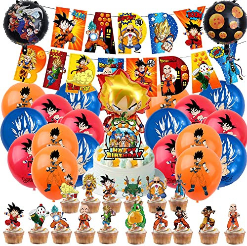 Ksopsdey Party Supplies Dragon Ball Birthday Decoration Balloons 39 Pieces Dragon Ball Theme Birthday Party Decorations Includes Banner Balloons Cake Toppers for Birthday Decorations