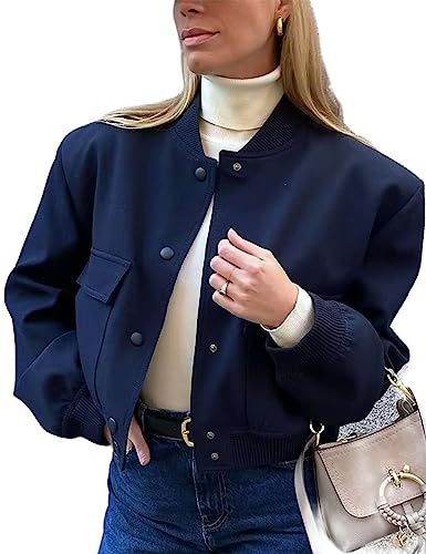 Megfie Womens Cropped Bomber Jacket Button Down Varsity Jackets Shackets With Pockets(0394-DarkBlue-S)