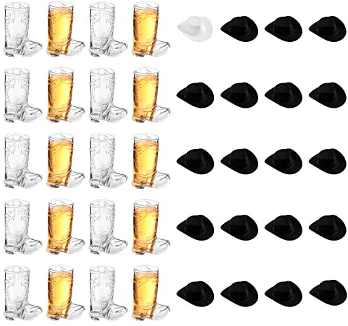 Sumind 40 Pieces Cowboy Cowgirl Party Decorations Supplies Included 20 Pcs Plastic Mini Western Hats Shaped Cup Lids and 20 Pcs 1 oz Miniature Cowboy Boot Shot Shaped Wine Glasses