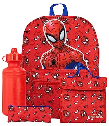 Marvel Kids Spiderman Backpack | 4 Piece Spiderman School Bag Set I Spider-Man Lunch Box And Bottle With Pencil Case | Red