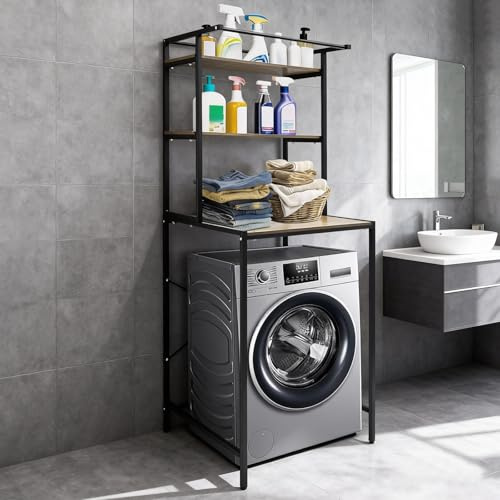 Mensola per lavatrice a 3 piani in MDF e supporto in ferro, multifunzionale per il bagno con 3 ripiani e barra trasversale, ripiano sopra la lavatrice per bagno (nero+rovere)