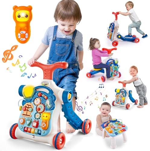 TERRAMUS 5 in 1 Baby Walker Sit-to-Stand Toys, Learning Walker for Boys Girls Toddler, Multifunctional Educational Activity Center Removable Play Panel, Push Walker Toys Gifts for Infant 6-18 Months