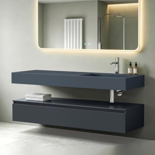 Mai & Mai Meuble de Salle de Bain Gris Noir Mat Ensemble de 2 Pièces Meuble avec Lavabo 150cm Meuble avec 2 Grands Tiroirs