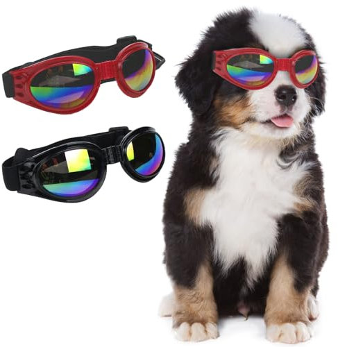 TYXHXTF 2 Pcs Sonnenbrille für Hunde, Hundebrille für Kleine Hunde UV Schutz Winddichte Wasserdichter, Haustier Sonnenbrillen mit Einstellbar Gummiband, Schwarz, Rot