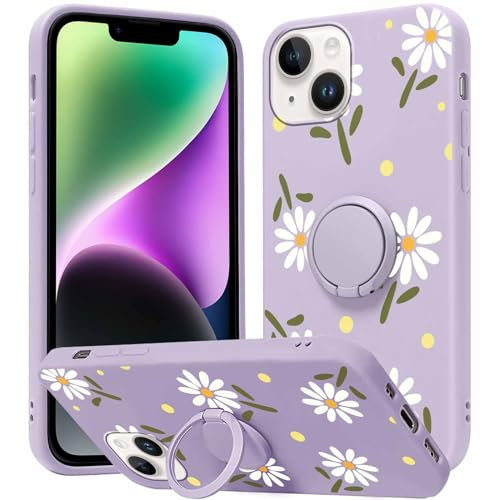 Yoedge Phone case for iPhone 15 Plus 6.7 inch, 360°Magnetic Ring Holder Kickstand Soft Silicone TPU Shockproof Anti-Scratch Protective Resistant Fashion Purple Flower Aesthetics Pattern