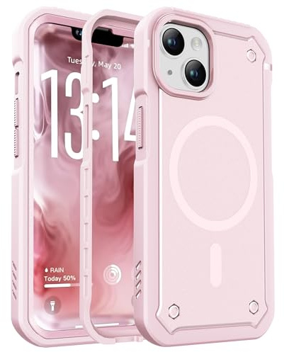 ORETECH Coque pour iPhone 13 avec 2 Verre Trempé et 1 Caméra Protecteur, Compatible avec Mag-Safe, Protection Antichoc Militaire, Anti-Rayures Dur Coque Magnétique pour iPhone 13, Rose Clair