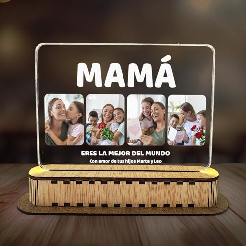 Lámpara Personalizada Con Fotos y Frase Para Mamá - Regalo Para el Día de la Madre y Cumpleaños - Ideas Originales - Diseño Con Palabra 'Mamá' en Placa de Metacrilato Con Luz