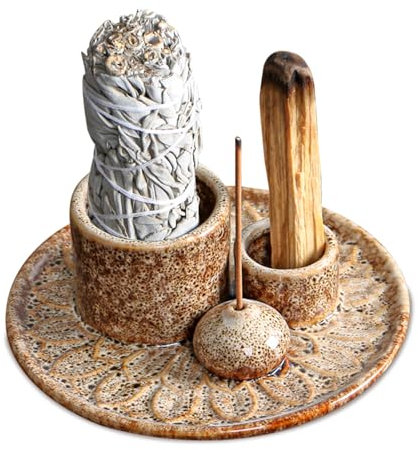 Ciotola di incenso 4 in 1: supporto per coni di incenso, supporto per bastoncini di incenso in ceramica, vassoio raccogli ceneri per meditazione, supporto Palo Santo per ogni incenso, bastoncini di