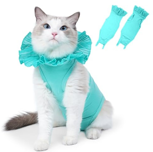 Crevyteg Recovery Suit Katze, Katzenbody nach op Erholungsanzug mit Haustiere Schutzkragen, Haustiere Schutz Kleidung Wiederherstellung Anzug Weste für Haustiere - Avocadogrün S