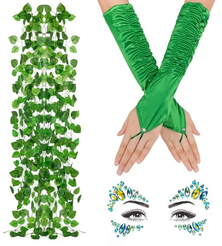 BTHRORO Ivy Kostüm Damen Grün Waldelfen, Pflanzen Reben Blättern Mit Handschuhe Glitzersteine Gesicht für Frauen Karneval Fasching Cosplay Accessoires