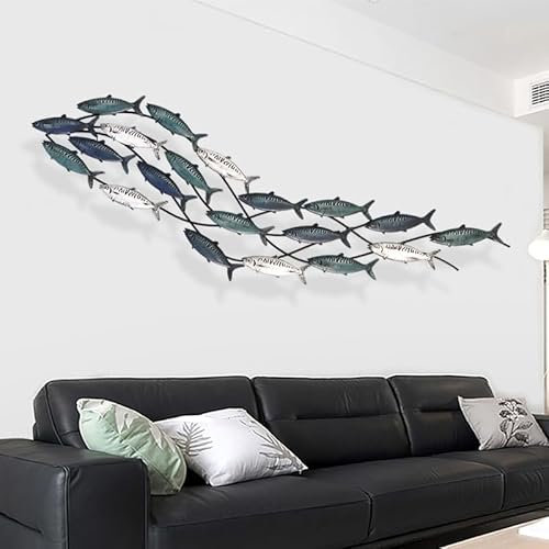 Wanddekoration aus Metall, Fisch, großer Fischschwarm, Moderne Wandkunst aus Metall, 3D-Fisch-Wandskulptur für Wohnzimmer und Schlafzimmer