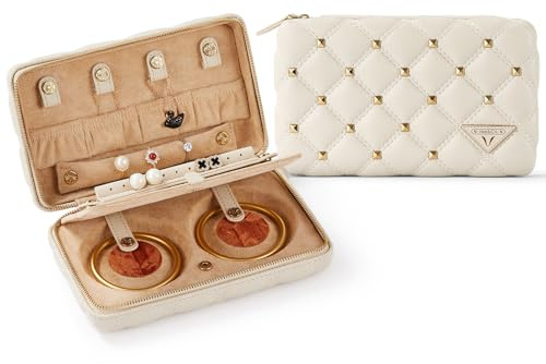 Vee Kleine Schmuckkästchen für Damen,Tragbarer Reise Schmuckaufbewahrung Diamant gestepptes Leder Schmuckbox für Armbänder, Ringe, Halsketten,Geschenkidee (Beige)