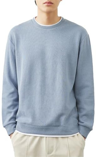 Seiizaa Sudadera de Primavera y otoño Camisa Holgada con Cuello Redondo para Hombre-Blue-L