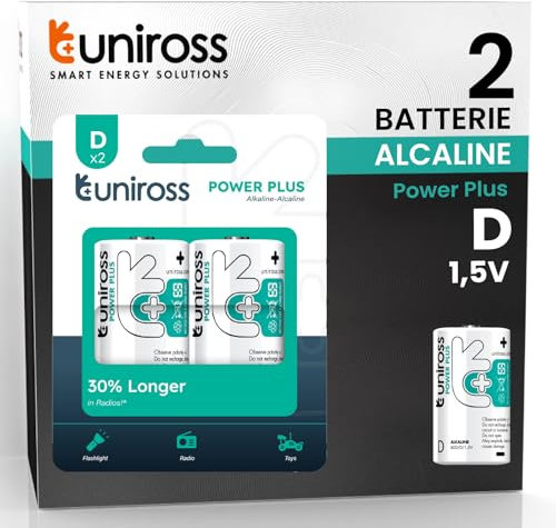 Uniross Pile Alcaline Torcia D LR20 Power Plus da 1,5V Lunga Durata per Torce Radio Giocattoli Radiocomandati - Blister da 2 Batterie