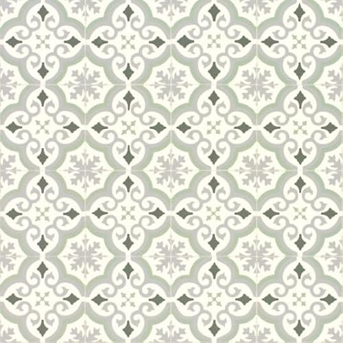 Sol Vinyle Textile économique - Effet Carreaux de Ciment arabesques - Vert et Gris - Rouleau de 3.00m x 4m