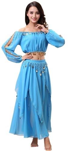 Baisdan Costume da danza del ventre da donna, top senza pancia con gonna in chiffon, abbigliamento da carnevale, Azzurro, Taglia unica