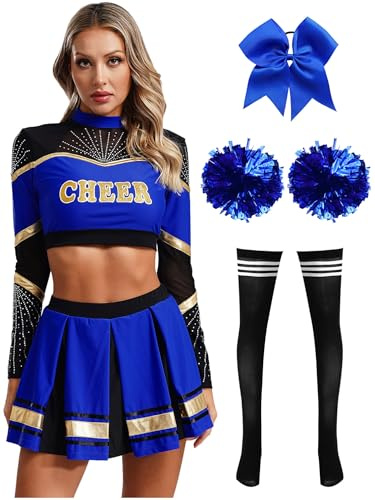 inhzoy Damen Cheerleading Kostüm High School Cheer Leader Rock Langarm Crop Top Pompons 2er/4er/5er Set Halloween Karneval Kostüm Blau&Schwarz-Strümpfe M