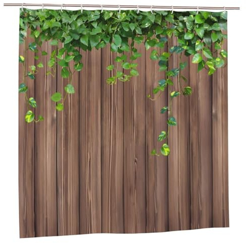 Tenda da doccia da giardino per esterni, stile vintage, rustico, in legno, con foglie verdi su tavola in legno di campagna, impermeabile, con 12 ganci, 180 x 180 cm