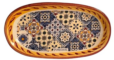 Portugiesisches handbemaltes Keramik-Serviertablett, rund, 17,8 x 9,4 cm, Rot und Gelb