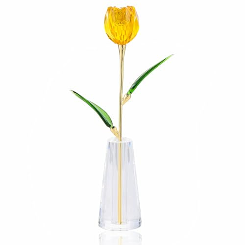 YWHL Handmade Yellow Crystal Tulips Flower Figurine with Vase, Glass Tulip Flower Gifts for Women Mom Wife, Tulip Collectible Ornaments Home Decor for Birthday Mother's Day Wedding