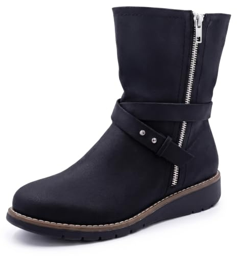 Cushion Walk EEE Extra-Wide Fit Faux Nubuck Leather Calf Length Biker Boots (4 UK, Black)