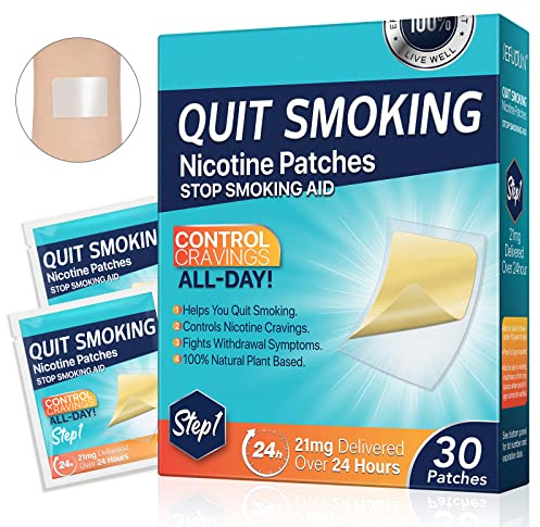 Nicotine Patches - 30 Count Gradual Reduction System, Transdermal Quit Smoking Aid with Natural Botanicals, Stop Smoking Patches That Work | Parches de Nicotina (Step 1-21mg)