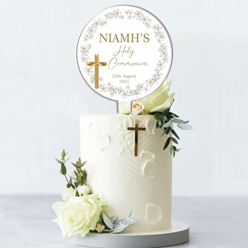 Personalised Acrylic Cake Topper for Christenings Confirmations Holy Communions – Custom Child’s Name & Date with Floral Wreath in 6 Designs (Holy Communion, White Floral Wreath)